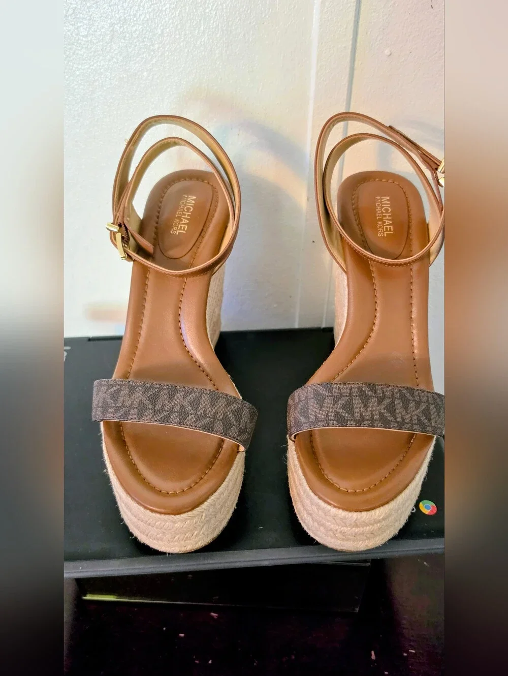 Michael Kors Tan Espadrille Platform Sandals with Signature Canvas Strap